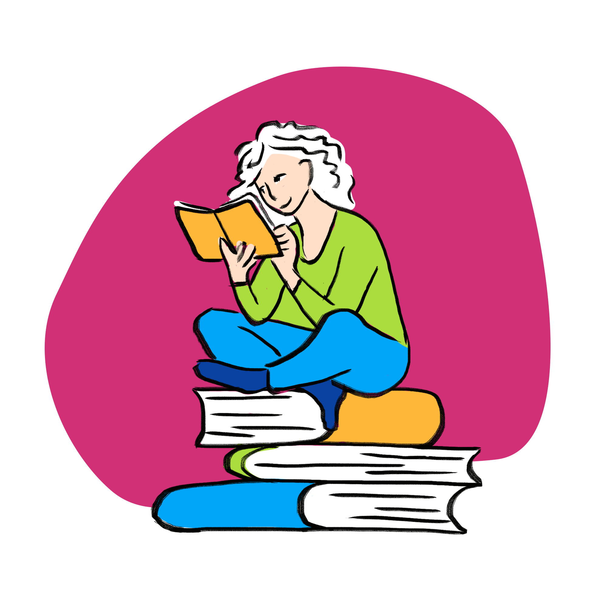 Une personne assise sur une pile de livres