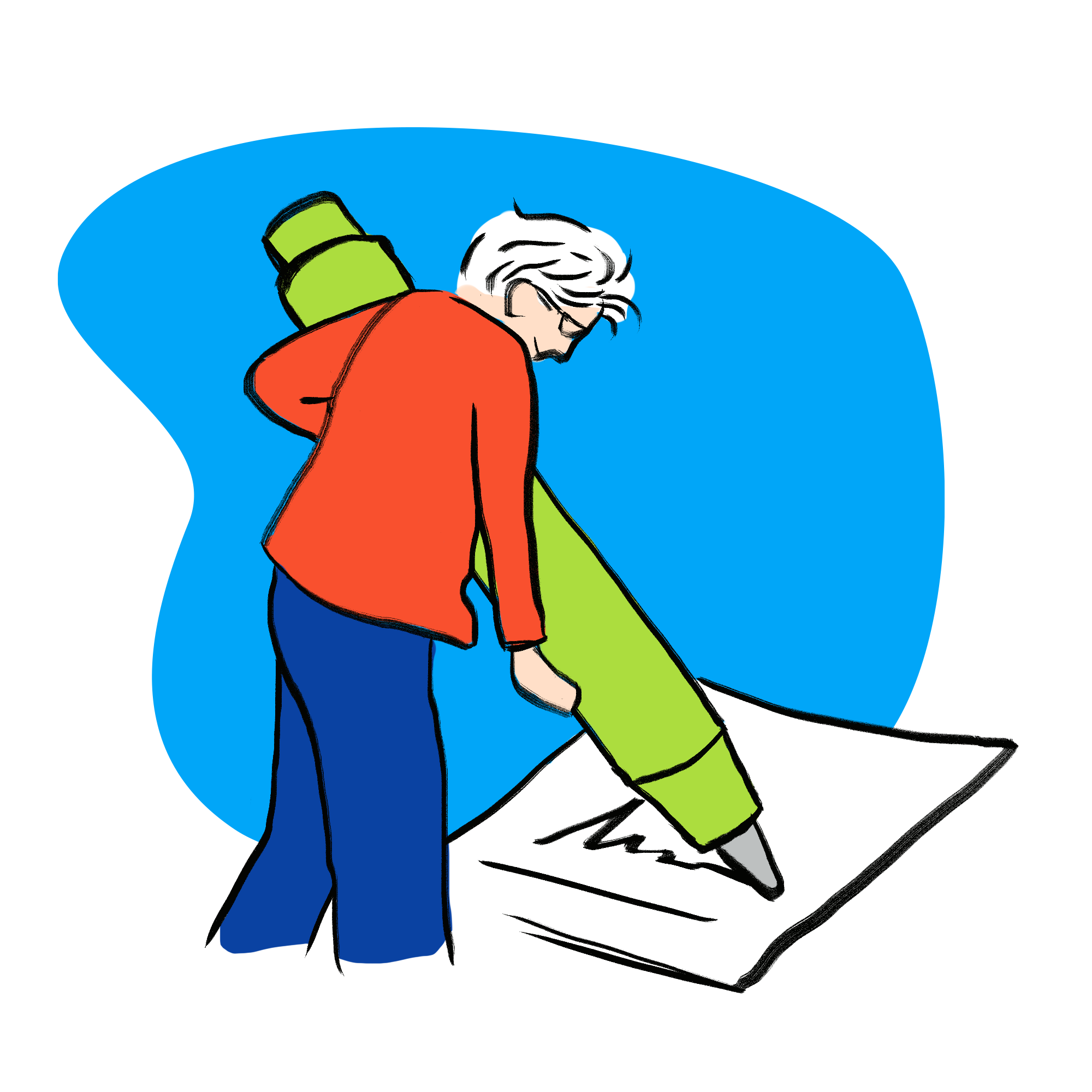 Homme tenant un crayon géant